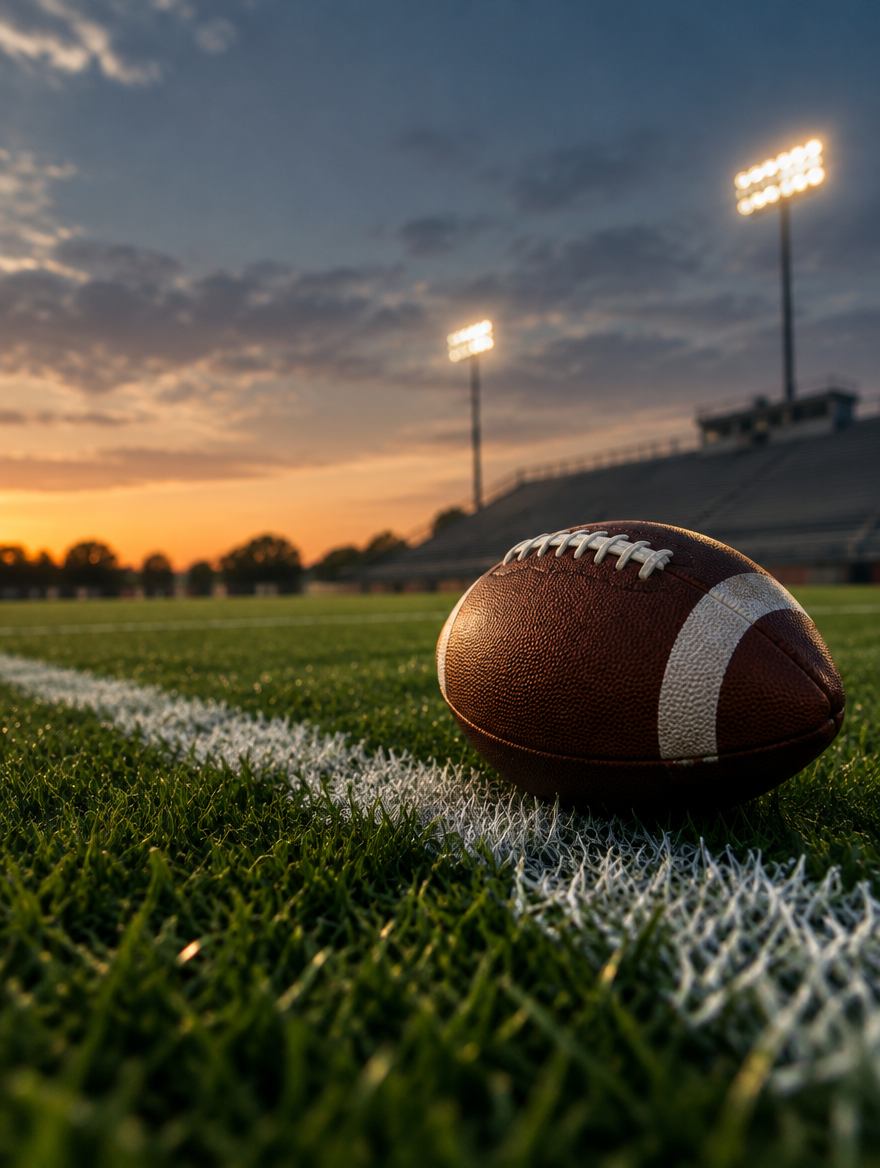 A football resting on the goal line of an empty stadium at dusk
